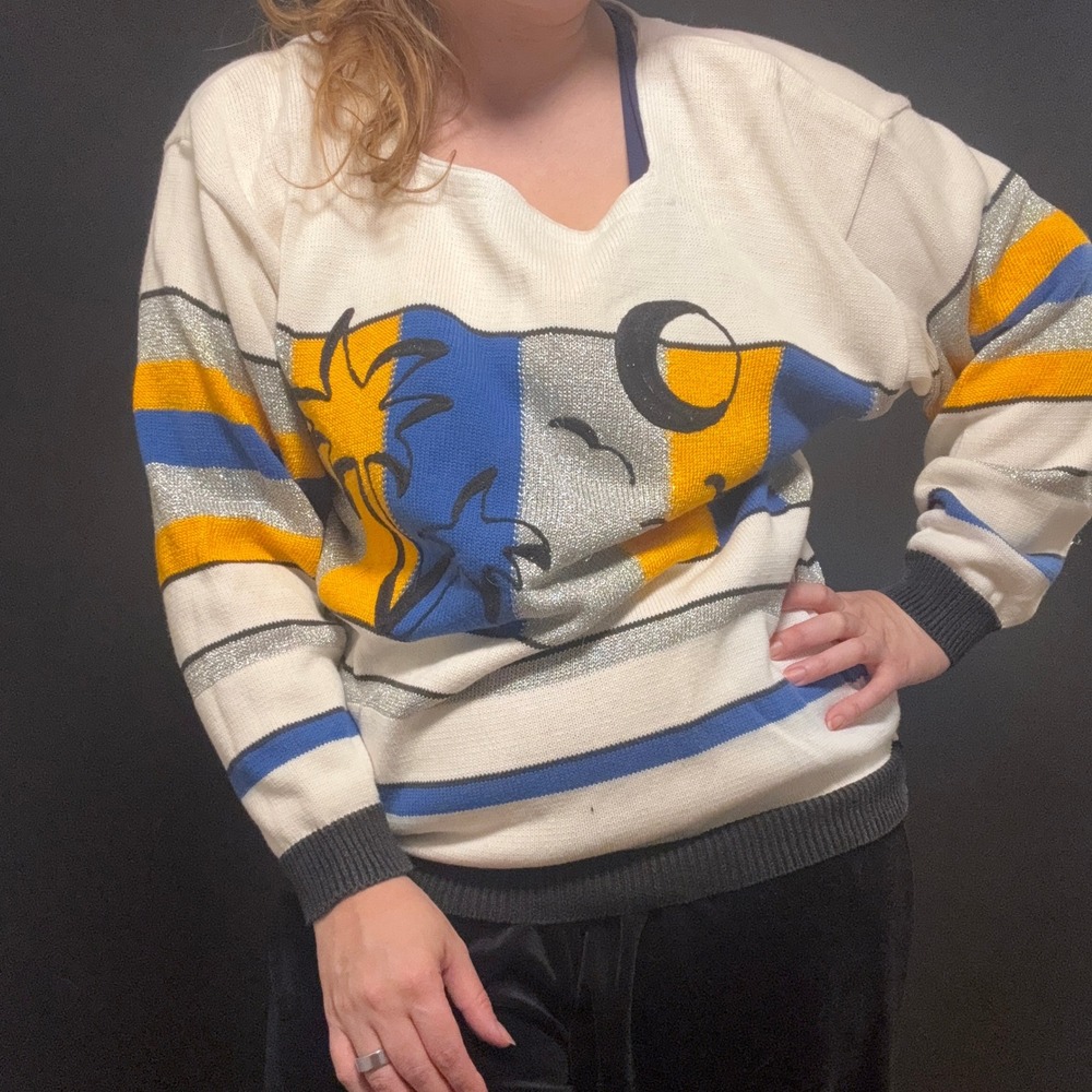 80s Sweater Retro Beach Lurex Maximalist‎ Spring Stripes French Palm Trees Birds